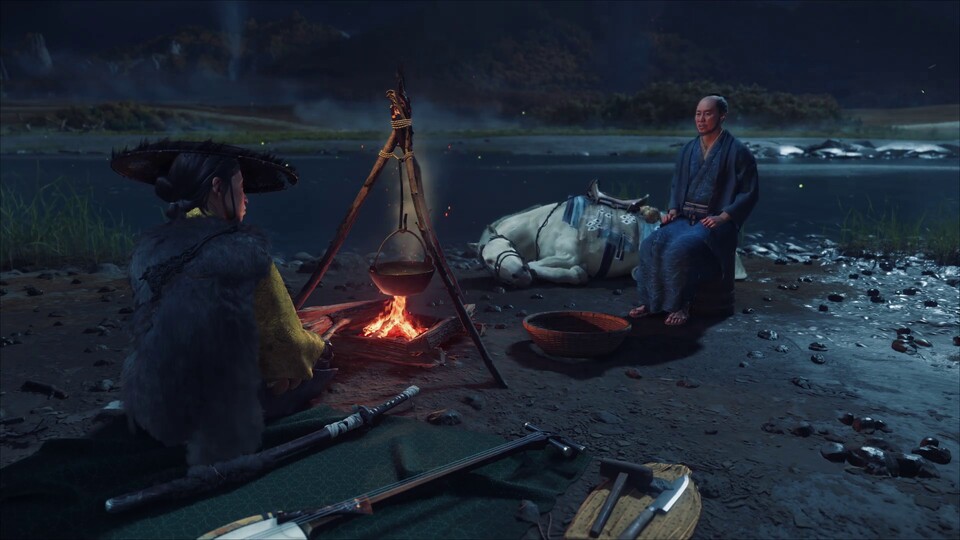 Im unserem Camp können wir Shamisen spielen, Upgrades vornehmen oder mit Händlern und Weggefährten sprechen.