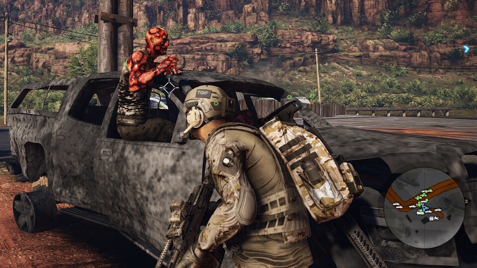 Der untote Freddy Kruger hier ist ein Bug von Ghost Recon: Wildlands. Und selbst durch ein explodierendes Auto nicht zu besiegen.