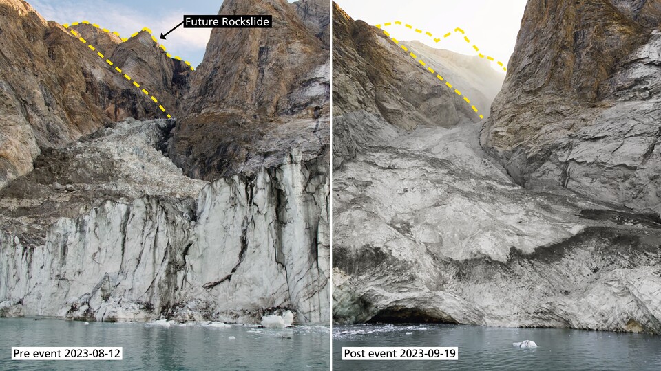 Aufnahmen des Berggipfels und des Gletschers vor und nach dem Erdrutsch.
(Bildquelle: Søren Rysgaard (links), Danish Army, (rechts) Collage: Elias Kobel, Karlsruher Institut für Technologie)