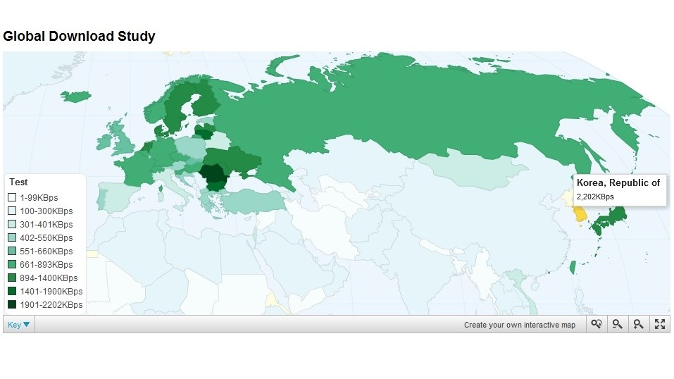Je dunkler das Grün, desto höher die Durchschnittsgeschwindigkeit bei Spielen im jeweiligen Land.