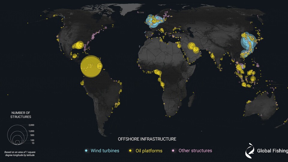 In der Grafik wird deutlich, dass sich die meisten Windkraftparks in Europa und China bzw. Asien befinden. (Quelle: Global Fishing Watch)