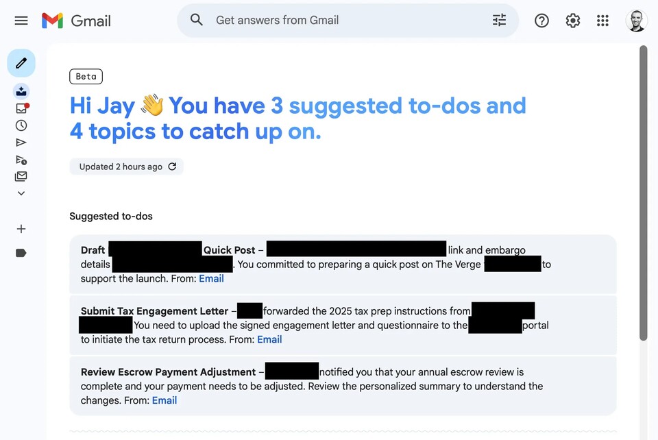 Hier seht ihr die ToDos von Jay Peters, die für ihn von AI Inbox zusammengestellt wurden. (Bildquelle: Jay Peters – The Verge)