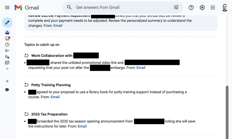 Die Themenzusammenfassung von Googles AI Inbox. (Bildquelle: Jay Peters – The Verge)