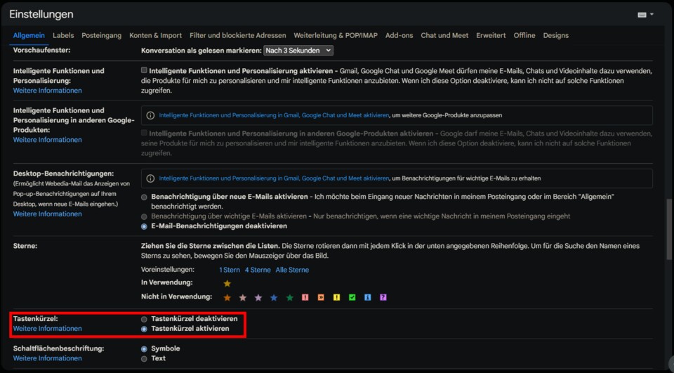 Gmail Einstellungen zum aktivieren der Tastenkürzel.