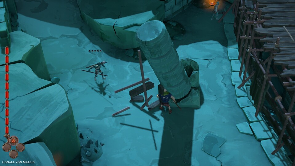 In vielen Dungeons gibt es Möglichkeiten, die Umgebung zu nutzen. Hier lassen sich die Stützen der Säulen entfernen, um Feinde zu erledigen.