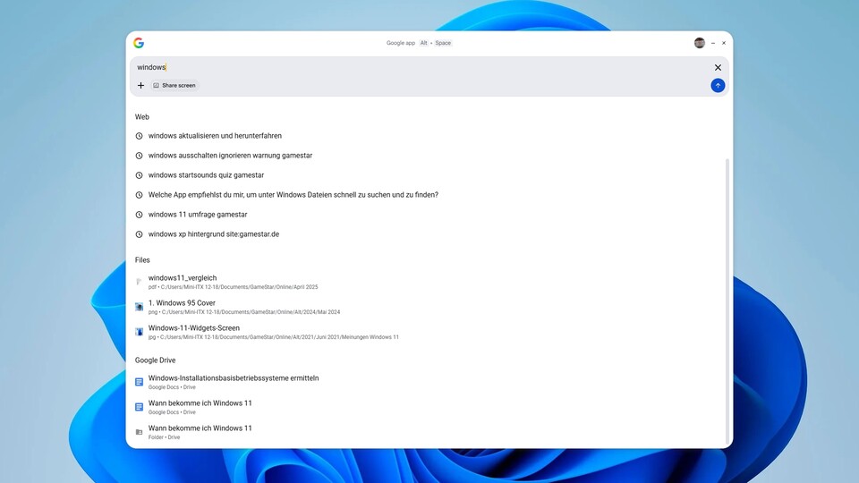 Sowohl auf meinem PC als auch in meinen Drive-Ordner sind wesentlich mehr als jeweils nur drei Dateien, allein berufsbedingt. So schnell die Suche also auch ist, so wenig nützlich ist sie in einem solchen Fall.