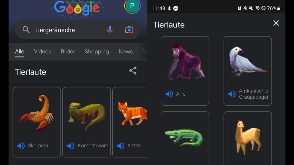 Die Google-Suche bietet eine breite Palette an Tiergeräuschen.