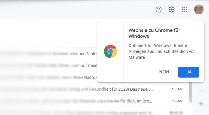 Vor allem beim Benutzen von Google-Diensten wie Gmail wird der Chrome-Browser stark beworben.