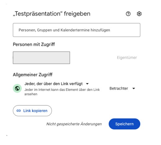 Dieses Freigabefenster öffnet sich, wenn ihr innerhalb des Dokuments auf Freigeben klickt.