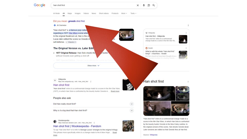 Google scheint sich auch nicht sicher zu sein, ob Han Solo oder Greedo zuerst geschossen hat.