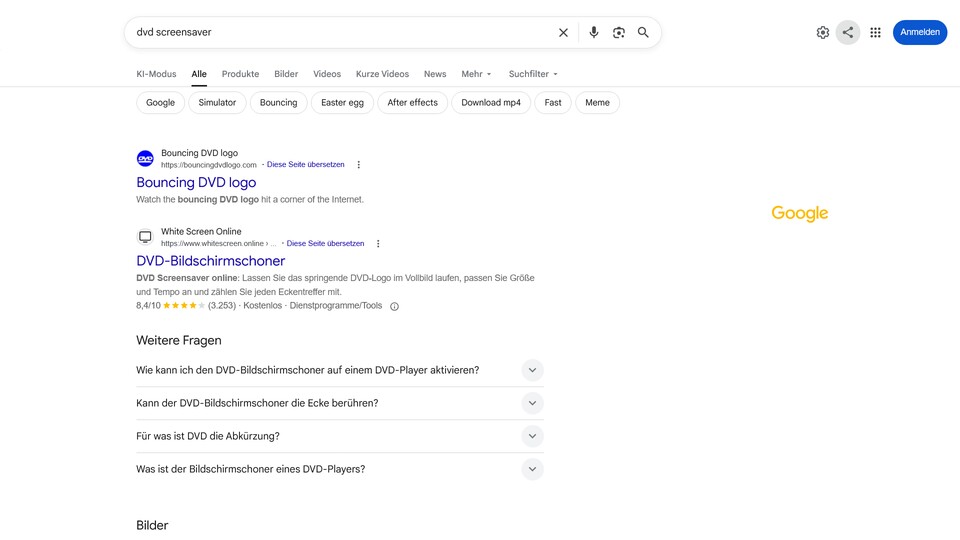Auf einem Bild nur schlecht erkennbar, bewegt sich das Google-Logo in bunten Farben über euren Bildschirm – wie bei einem echten Bildschirmschoner.