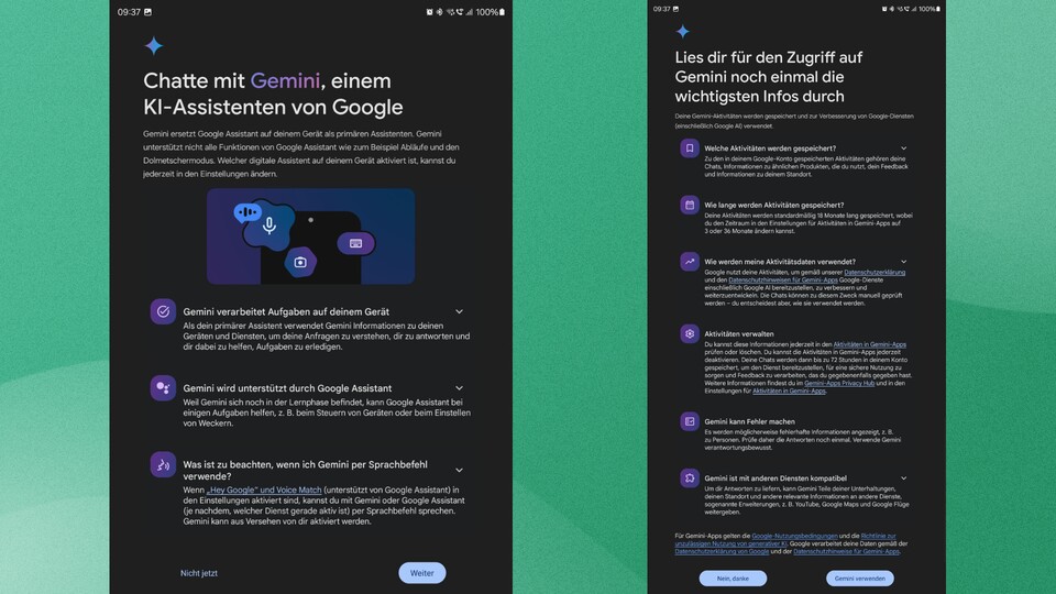 Die ersten beiden Bildschirme vor der Gemini-Einrichtung.