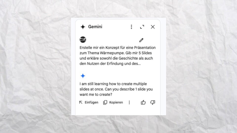 Es lerne noch, sagt mir Gemini bei der Bitte ein Konzept zu erstellen. Das habe ich nicht erwartet. Stattdessen muss ich einzeln eingeben, was ich möchte.