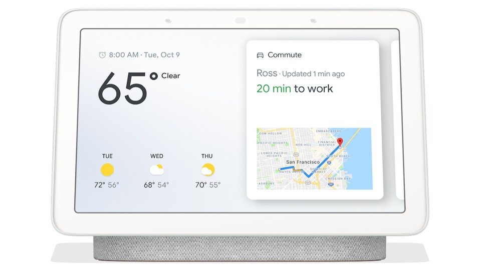 Der Google Home Hub soll den Alltag erleichtern und versucht Wünsche auf Zuruf zu erfüllen. Auf eine Kamera wird verzichtet. (Bild: Google)