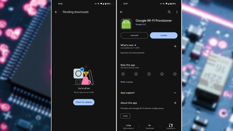 Links: »Ausstehende Downloads« werden keine angezeigt, obwohl ihre eine Benachrichtigung zum »Wi-Fi Provisioner« (rechts) erhalten habt. (9to5Google)