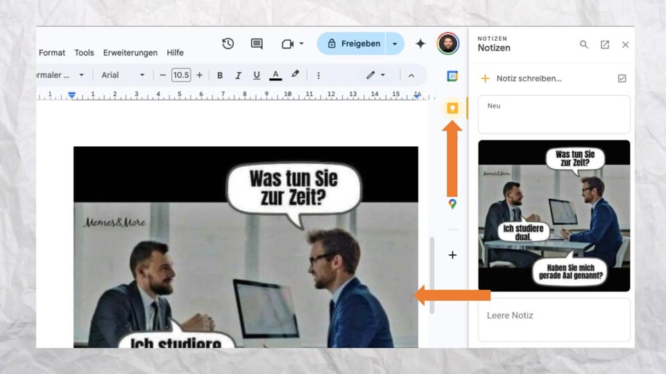 Durch die Seitenleiste könnt ihr ganz schnell Google Docs mit den Notizen vernetzen oder per Drag+Drop alles einfach herüberschieben.