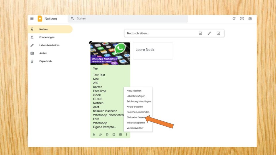 Über Google Keep könnt ihr auch eine Bildtexterfassung vornehmen. Das kann Notes schnell in digitalen Text umwandeln.