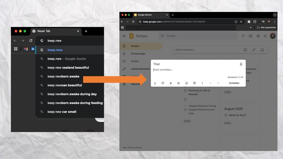Durch die schnelle Nutzung der Shortcuts könnt ihr unkompliziert sofort Gedanken oder Links festhalten.