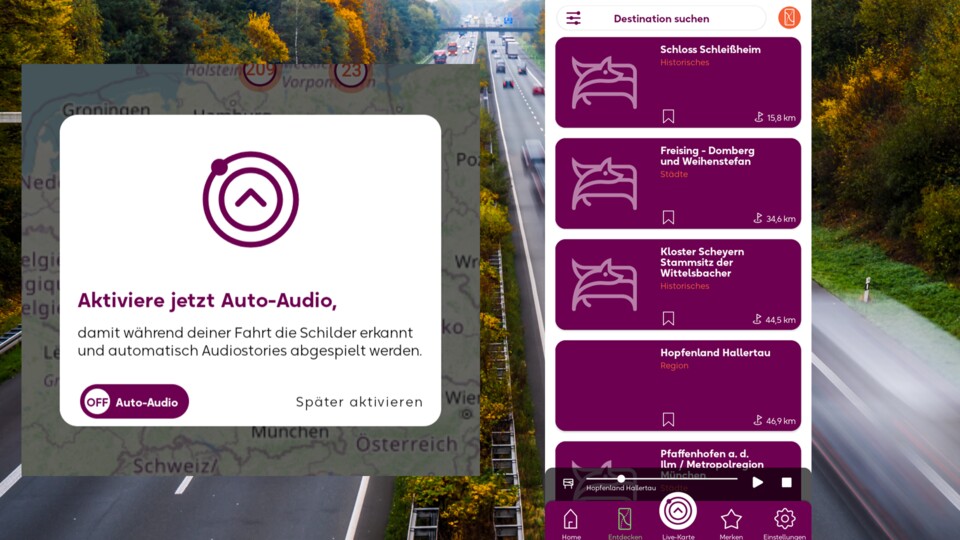 Links: Damit die App euch automatisch die Mini-Podcasts ausspielt, müsst ihr die Funktion »Auto-Audio« aktivieren. Rechts: Die Mini-Podcasts könnt ihr auch händisch ansteuern, indem ihr euer Reiseziel in den Suchschlitz angebt.