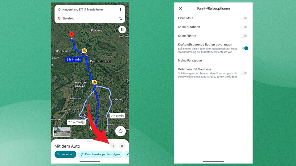 Die Optionen für die Route samt Aktivierung des Blatt-Symbols findet ihr über den per Pfeil markierten Button.