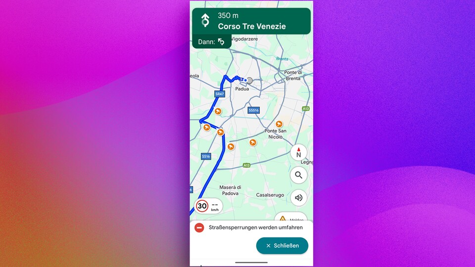 Nach dem Starten der Route werden euch auf einer Strecke durch Italien durch Kamera-Symbole auf der Strecke Blitzer angezeigt.