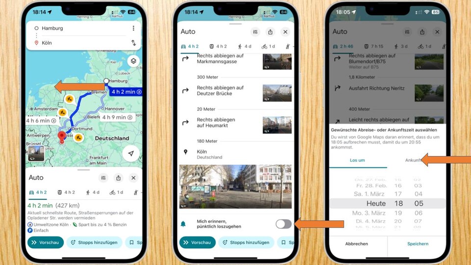 Wenn ihr rechtzeitig losfahren wollt, könnt ihr euch Erinnerungen setzen und euch erinnern lassen.