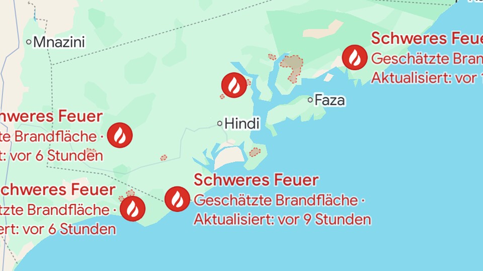 Buschfeuer und Walbrände können in Echtzeit bei Google Maps eingesehen werden. (Bildquelle: Google Maps)