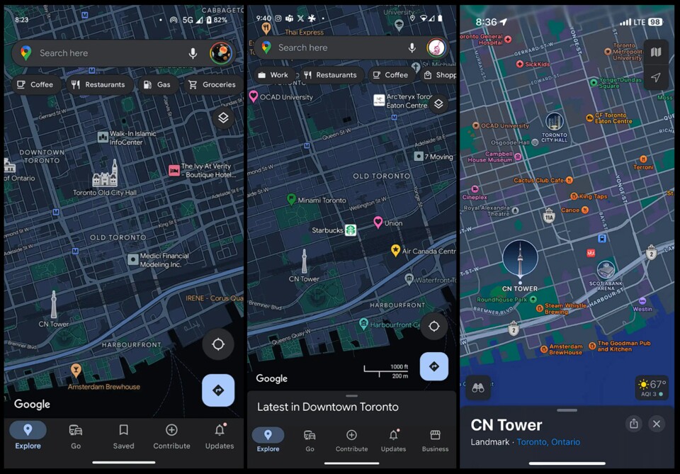 Altes Google Maps (links), neues Google Maps (mittig) und Apple Maps (rechts). (Bild: 9To5Google)