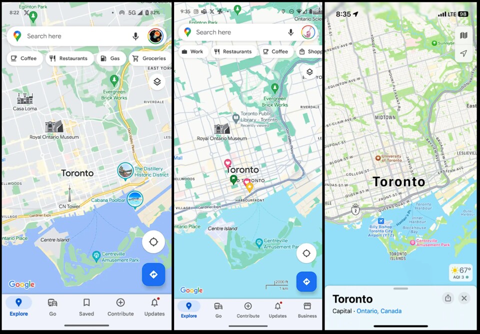 Altes Google Maps (links), neues Google Maps (mittig) und Apple Maps (rechts). (Bild: 9To5Google)