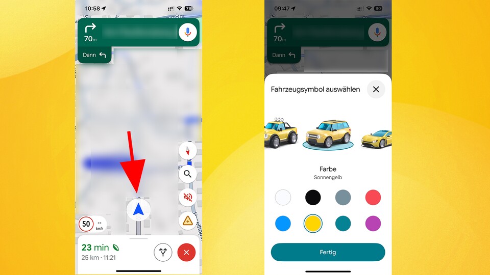 Wenn euch der blaue Pfeil zu langweilig ist, tauscht ihn gegen ein Fahrzeug aus. (Bild: GameStar Tech)