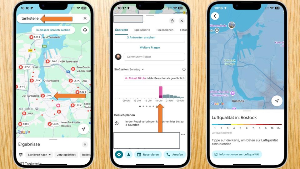 Links: Sucht ihr nach Tankstelle werden euch Spritpreise angezeigt. Mitte: Bei Locations könnt ihr euch die Stoßzeiten anzeigen lassen. Rechts: Google verrät euch auch die Luftqualität eurer Region.