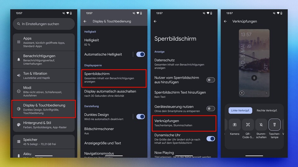 Ihr braucht weder Taschenlampe noch Wallet? Dann ändert die beiden Knöpfe in den Einstellungen. Allerdings ist die Auswahl recht mager.