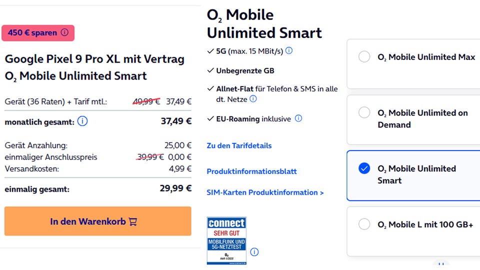 Das Google Pixel 9 Pro XL bekommt ihr gerade mit Vertrag bei O² für nur 25€: unlimitiertes Datenvolumen, Allnet-Flat, EU-Roaming und das für nur 37,49€ im Monat.