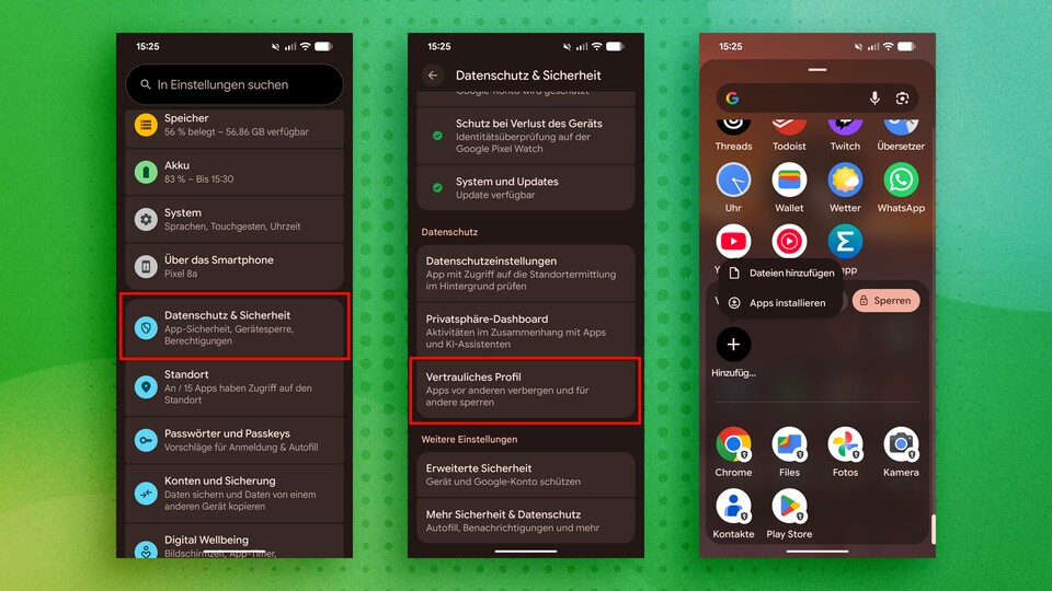 Nach der Einrichtung befindet sich der neue Bereich ganz unten im App-Drawer. Optional lässt er sich zusätzlich ausblenden.