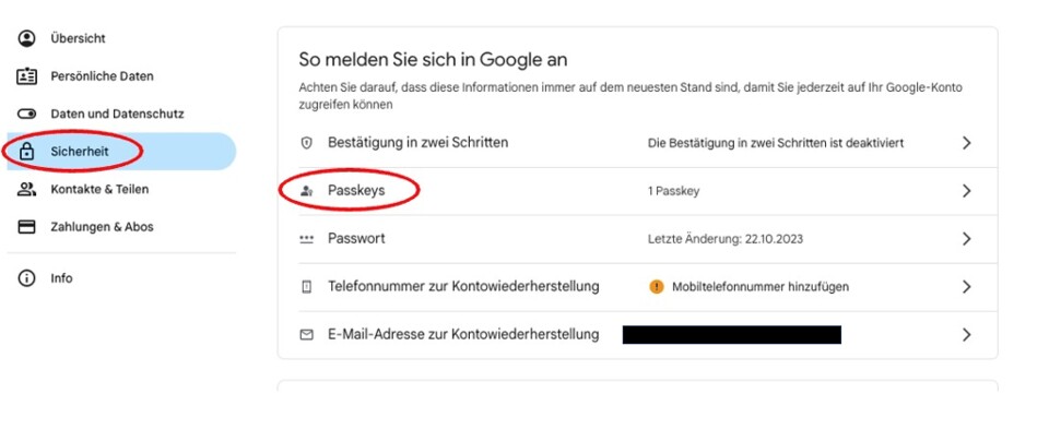Ihr könnt eure Passkeys über den Reiter Sicherheit erstellen oder bearbeiten.