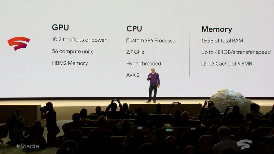 Stadia ist leistungsstark und setzt auf angepasste Hardware von AMD. Mit über 10 Teraflops überbietet Google die PS4 Pro und Xbox One X deutlich.