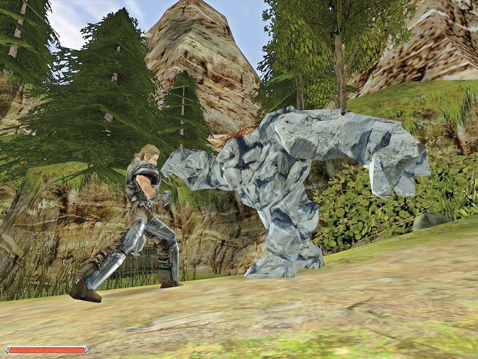Ein Stein-Monster attackiert unseren gut gewappneten Helden. Jedes angelegte Rüstungsteil können Sie auch sehen.