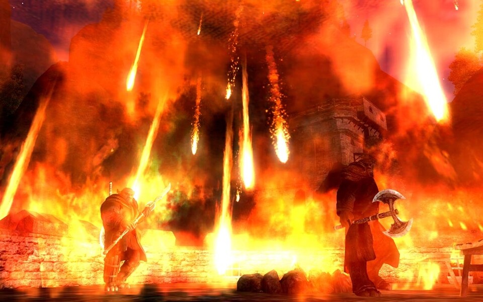 Der Feuerregen zählt zu den mächtigsten Zaubern. Hier prasseln die flammenden Geschosse gerade auf eine Ork-Patrouille herab, die keine Chance gegen die vernichtende Magie hat.