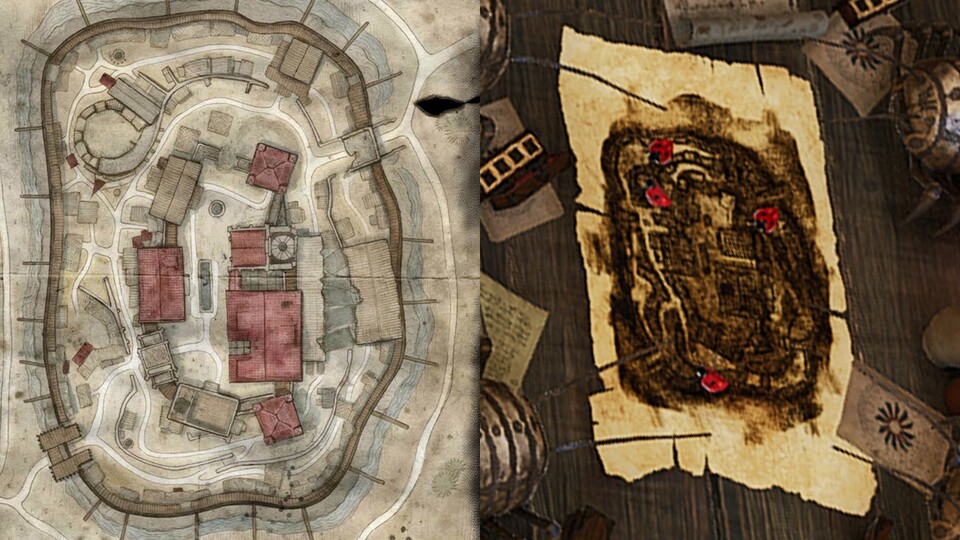 Links: Das Layout des Alten Lagers. Rechts: Die Karte, auf der die Fleischwanzen spielen.