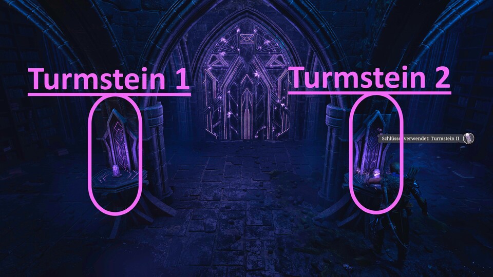 Mit den zwei Turmsteinen öffnet ihr eine weitere Tür, hinter der euch zwei mächtige Items erwarten.