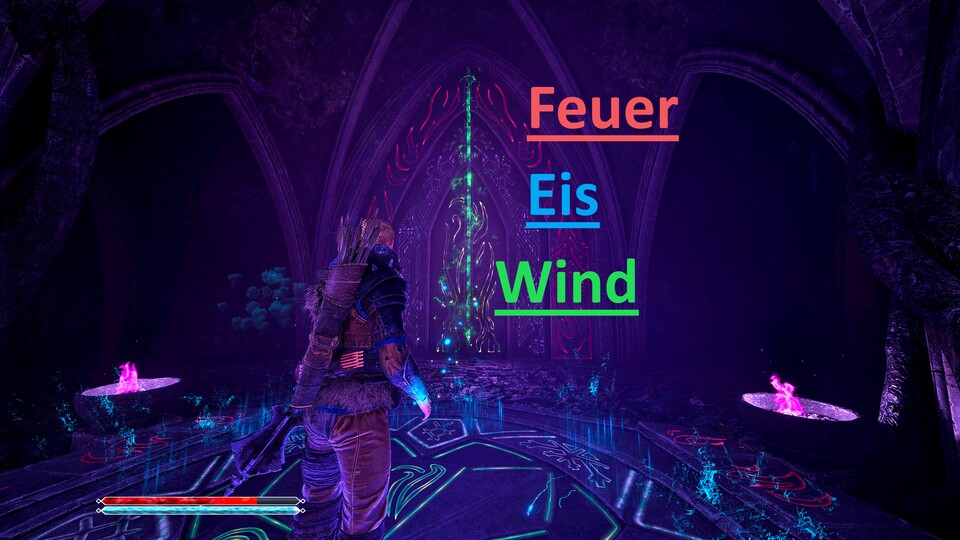 Bei der magischen Tür werdet ihr zum Herrn der drei Elemente: Feuer, Eis und Wind. Keine Sorge, wenn ihr die Schriftrollen am Anfang mitgenommen habt, könnt ihr das Siegel problemlos brechen und die Tür öffnen.