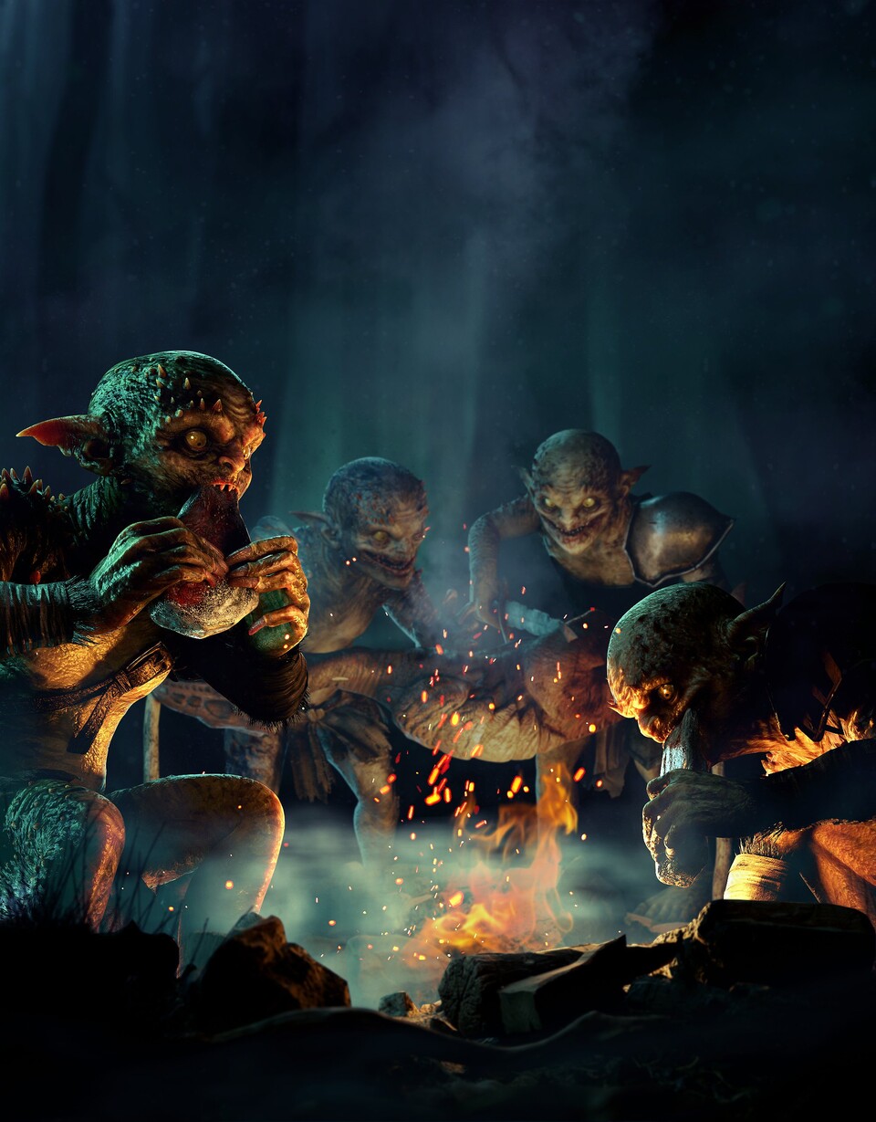 Das neue Bild der Goblins im Gothic Remake zeigt die fiesen kleinen Räuber dabei, wie sie einen Scavenger über dem Feuer rösten und verspeisen.