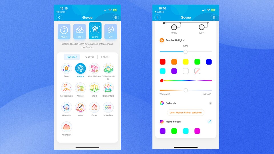 Die Govee-App hält zahlreiche Einstellungsmöglichkeiten und Lichtszenen bereit, ist aber auch sehr unübersichtlich.