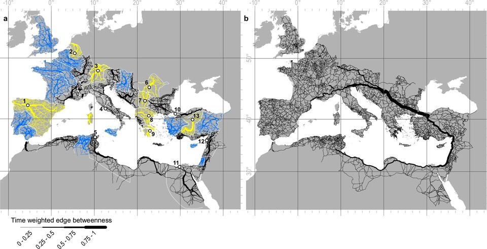 Links seht ihr die Wichtigkeit der Straßen innerhalb der weiß umrandeten Provinzen. Rechts sticht direkt der große Strang in seiner Bedeutung als Transportweg durch das Imperium hervor.
(Bildquelle: Nature, Network science reveals the structure and lasting impact of the Roman road system)