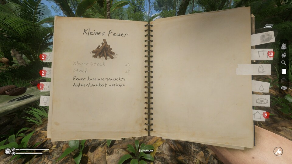Das Notizbuch sammelt alles Wissenswerte über den Urwald und seine Bewohner. Zudem platzieren wir von hier aus Blaupausen für Konstruktionen in der Spielwelt.