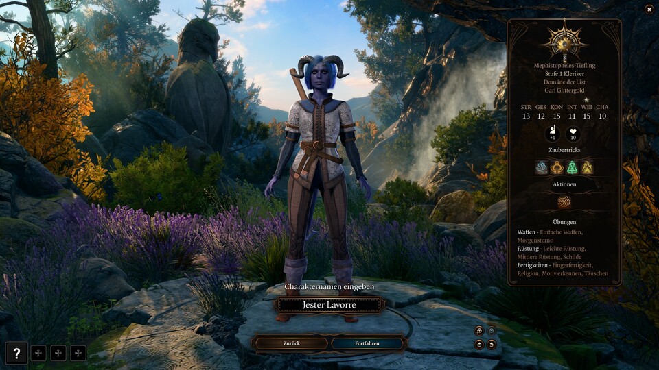 Jester braucht als allererstes ein hübsches Kleid statt der Kleriker-Startrüstung.