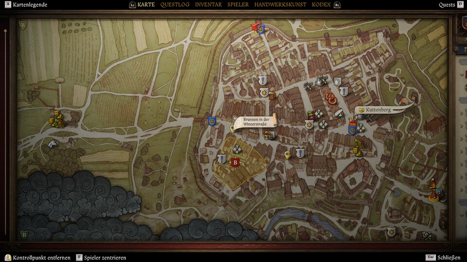 Die rote Flagge zeigt Hyneks Haus und in der Mitte sehen wir den Standort des Brunnens. 