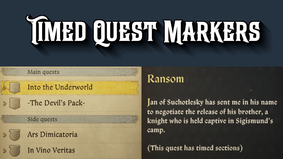Die - - markieren eine Quest mit Zeitlimits, ohne den Look des Tagebuchs zu stören. (Bildquelle: Nexusmods.com)
