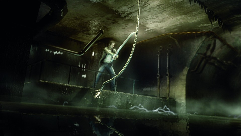 Edward fischt ein Stromkabel mit einem aufgesammelten Rohr aus dem Wasser. Sie steuern die Armbewegung des Helden dabei direkt.