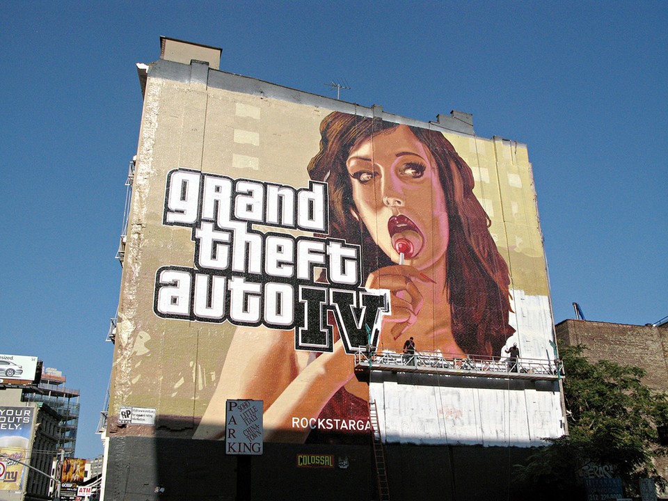 Mit haushohen Plakaten und Werbespots in allen Medien wird für GTA 4 geworben.